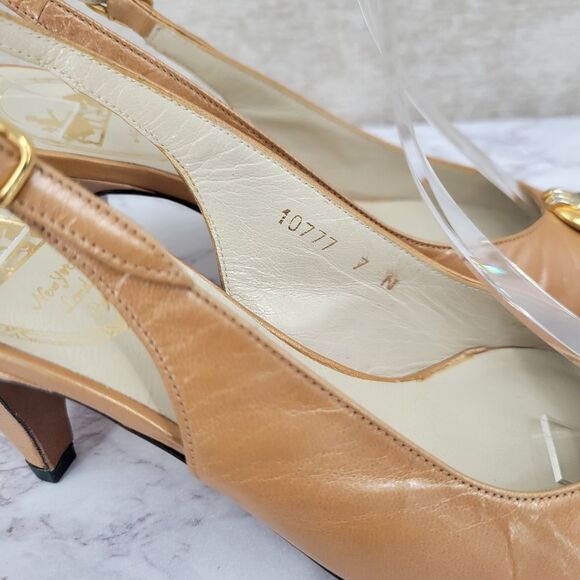 Delman Vintage Tan Leather Peep Toe Slingbacks Kitten Heels Pumps Jeweled  7N - Picture 6 of 15